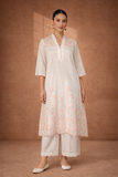 IVORY CHANDERI KURTA WITH PINK FLORAL EMBROIDERY AND SCALLOPED EDGES