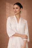 IVORY CHANDERI KURTA WITH PINK FLORAL EMBROIDERY AND SCALLOPED EDGES
