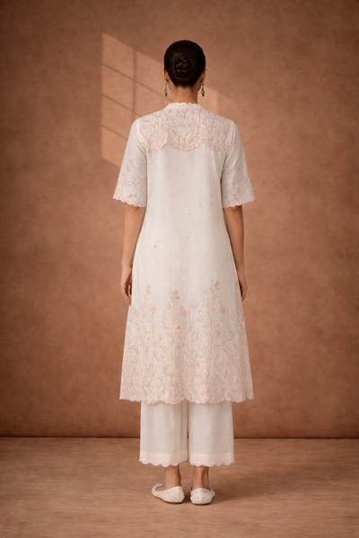 IVORY CHANDERI KURTA WITH PINK FLORAL EMBROIDERY AND SCALLOPED EDGES (Copy)