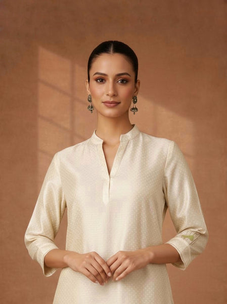 A TIMELESS IVORY CHANDERI SET WITH MINIMAL DETAILING.