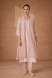 A SOFT ONION PINK KOTA KURTA SER WITH DELICATE HAND EMBROIDERY FOR AN EASY , ELAGANT LOOK