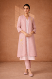A SOFT ONION PINK KOTA KURTA SER WITH DELICATE HAND EMBROIDERY FOR AN EASY , ELAGANT LOOK