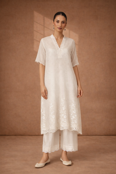 IVORY CHANDERI KURTA WITH DELICATE HAND EMBROIDERY