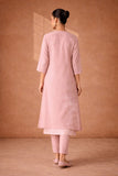 A SOFT ONION PINK KOTA KURTA SER WITH DELICATE HAND EMBROIDERY FOR AN EASY , ELAGANT LOOK