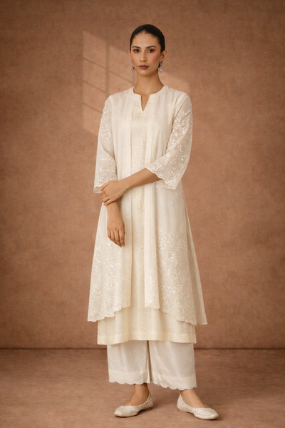 IVORY CHANDERI JACKET SET WITH DELICATE TONAL DETAILING