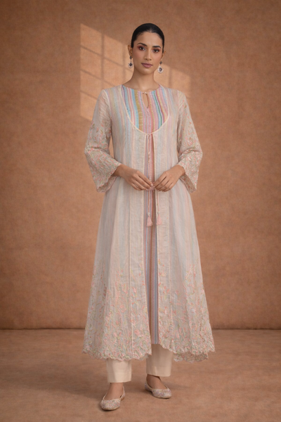 AN AIRY OFF-WHITE CHANDERI JACKET KURTA WITH PASTEL DETAILING