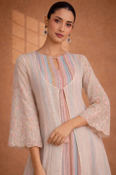 AN AIRY OFF-WHITE CHANDERI JACKET KURTA WITH PASTEL DETAILING