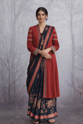 A MADDER RED LINEN JACKET PAIRED WITH A BLACK TUSSAR SILK SAREE.