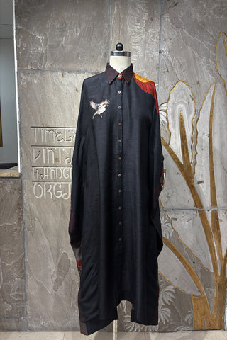 BLACK DUPION PRINTED KAFTAN WITH PRINTED BIRDS & EMB. DETAILS (1 PC)