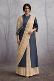 INDIGO COTTON LINEN JACKET WITH BEIGE TUSSAR SILK SAREE.