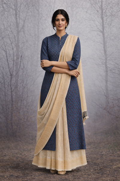 INDIGO COTTON LINEN JACKET WITH BEIGE TUSSAR SILK SAREE.