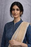 INDIGO COTTON LINEN JACKET WITH BEIGE TUSSAR SILK SAREE.