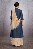 INDIGO COTTON LINEN JACKET WITH BEIGE TUSSAR SILK SAREE.
