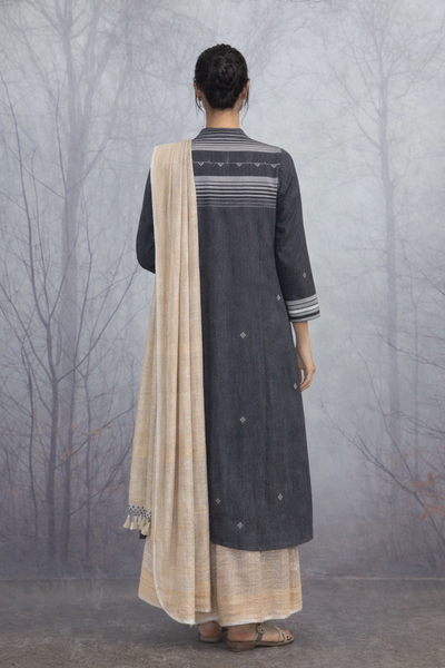 A BLACK HANDLOOM COTTON JACKET WITH MINIMAL WOVEN DETAILS.