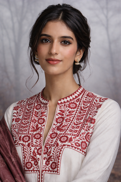 AN EMBROIDERED LINEN JACKET STYLED WITH A BROWN TUSSAR SAREE FOR A QUIETLY STRIKING LOOK.