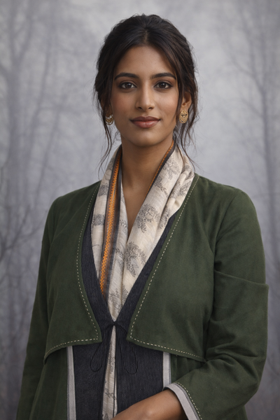 A CHECK JACKET LAYERED OVER A PRINTED SAREE FOR EFFORTLESS BALANCE.