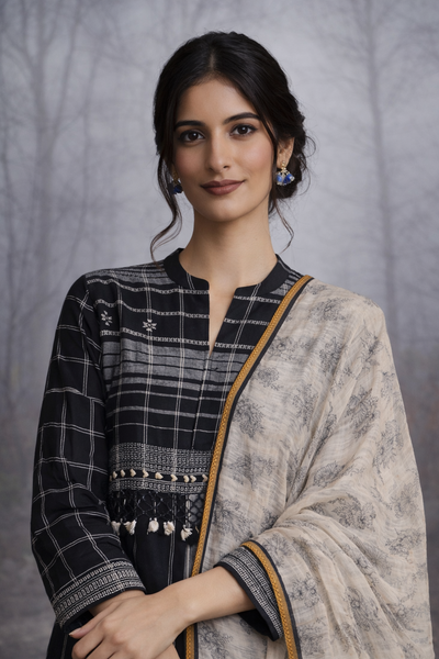 A LINEN JACKET LAYERED OVER A SOFTLY DRAPED TUSSAR SAREE.