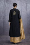 BLACK EMBROIDERED LINEN JACKET PAIRED WITH A GOLDEN-YELLOW SILK TISSUE SAREE