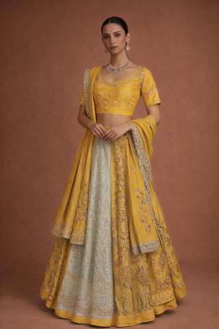 A YELLOW LEHENGA PAIRED WITH A MATCHING EMBROIDERED BLOUSE AND A SOFT POWDER BLUE PANEL WITH DUPATTA.(KA-01B)