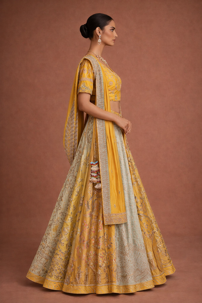 A YELLOW LEHENGA PAIRED WITH A MATCHING EMBROIDERED BLOUSE AND A SOFT POWDER BLUE PANEL WITH DUPATTA.(KA-01B)