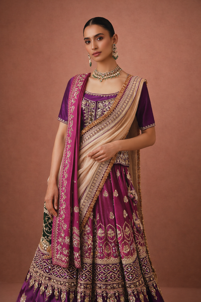 A DEEP PURPLE LEHENGA PAIRED WITH A MATCHING EMBROIDERED BLOUSE AND A CONTRAST GREEN AND PURPLE DUPATTA. (KS-15)
