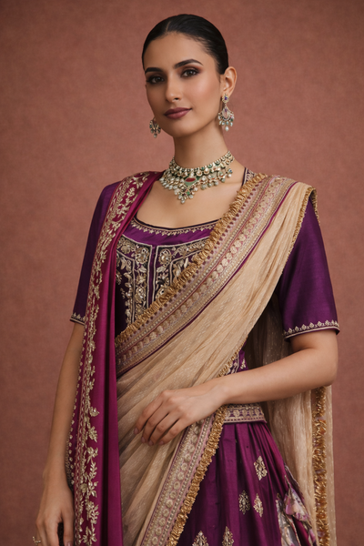 A DEEP PURPLE LEHENGA PAIRED WITH A MATCHING EMBROIDERED BLOUSE AND A CONTRAST GREEN AND PURPLE DUPATTA. (KS-15)