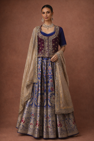 A ROYAL BLUE LEHENGA PAIRED WITH A DEEP WINE EMBROIDERED BLOUSE AND A SOFT GOLD DUPATTA.(TL-013)