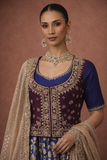 A ROYAL BLUE LEHENGA PAIRED WITH A DEEP WINE EMBROIDERED BLOUSE AND A SOFT GOLD DUPATTA.(TL-013)