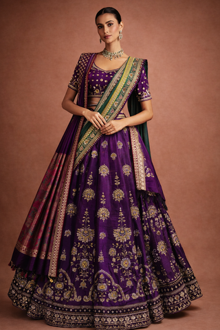 A REGAL PURPLE LEHENGA WITH A CONTRAST GREEN AND PURPLE DUPATTA.