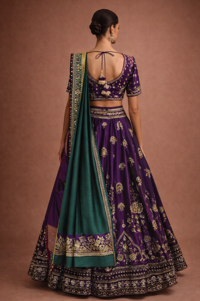 A REGAL PURPLE LEHENGA WITH A CONTRAST GREEN AND PURPLE DUPATTA.
