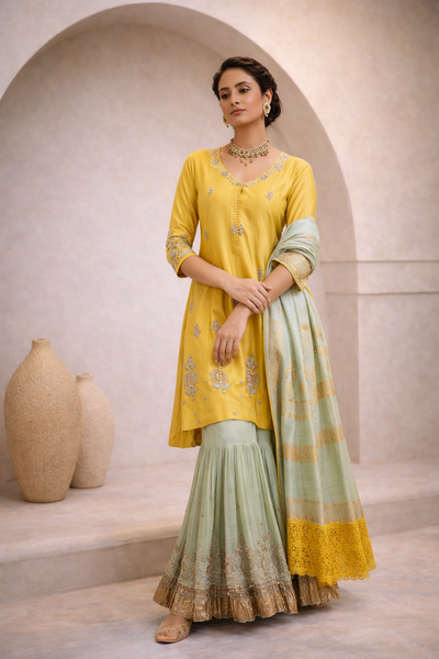 YELLOW ZARDOZI EMBROIDERED KURTA WITH MINT SHARARA (BRM-30S)
