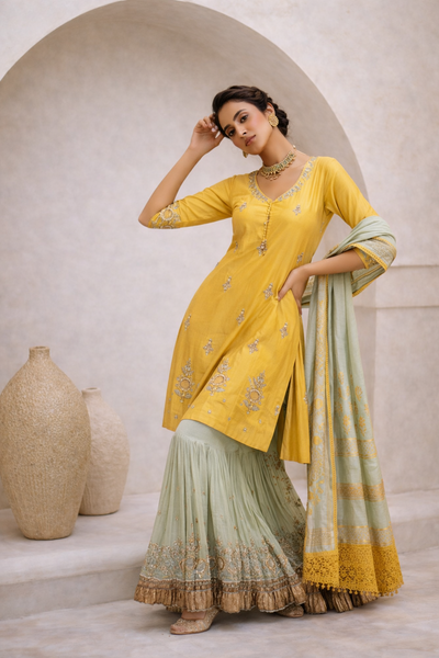 YELLOW ZARDOZI EMBROIDERED KURTA WITH MINT SHARARA (BRM-30S)