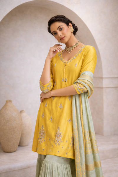 YELLOW ZARDOZI EMBROIDERED KURTA WITH MINT SHARARA (BRM-30S)