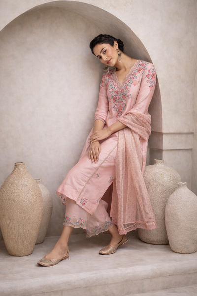 FRESH OLD ROSE EMBROIDERED KURTA SET (3 PCS)