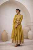 OLIVE TISSUE ANARKALI PAIRED WITH CHURIDAAR AND DUPATTA ( LS-16A)