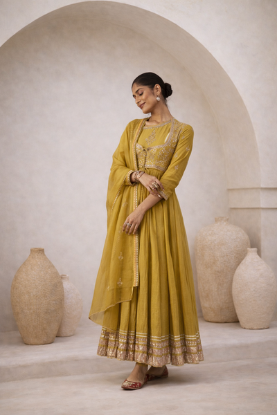 OLIVE TISSUE ANARKALI PAIRED WITH CHURIDAAR AND DUPATTA ( LS-16A)