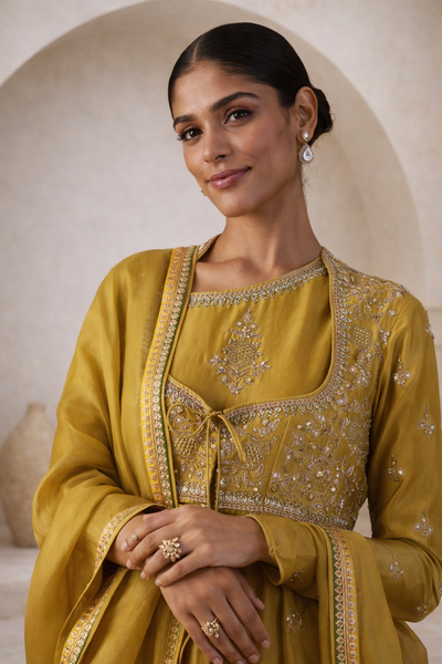 OLIVE TISSUE ANARKALI PAIRED WITH CHURIDAAR AND DUPATTA ( LS-16A)