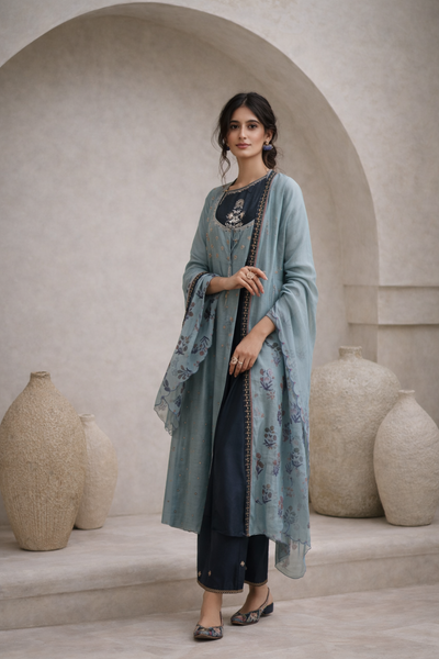 Marori Embroidered Double Layered Kurta With Palazzo & Printed Dupatta (YMN-22)