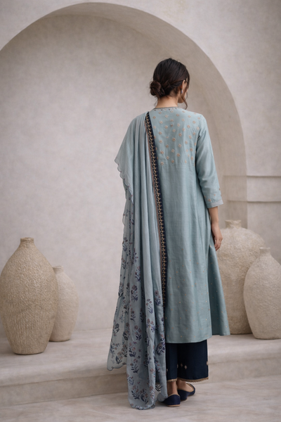 Marori Embroidered Double Layered Kurta With Palazzo & Printed Dupatta (YMN-22)