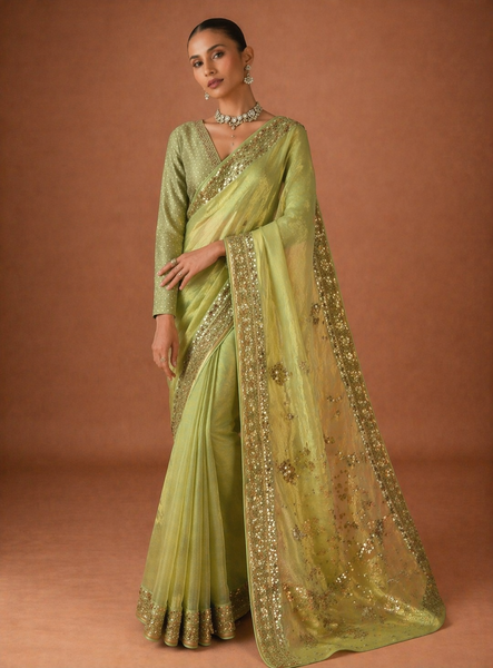 MINT TISSUE EMBROIDERED SAREE (MH-04S)