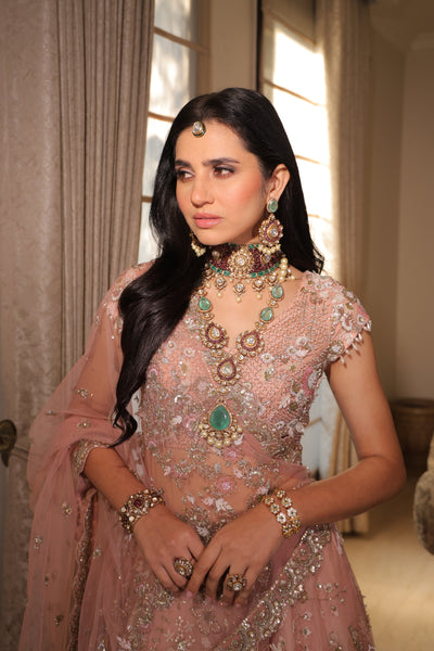 SALMON PINK EMBROIDERED DOUBLE LAYER LEHENGA SET  (3 PCS)