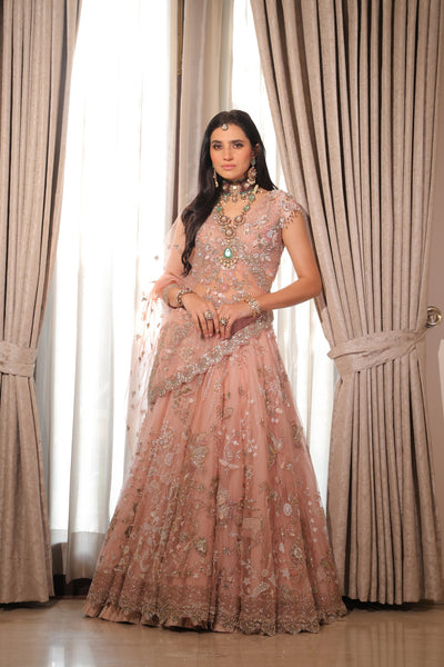 SALMON PINK EMBROIDERED DOUBLE LAYER LEHENGA SET  (3 PCS)