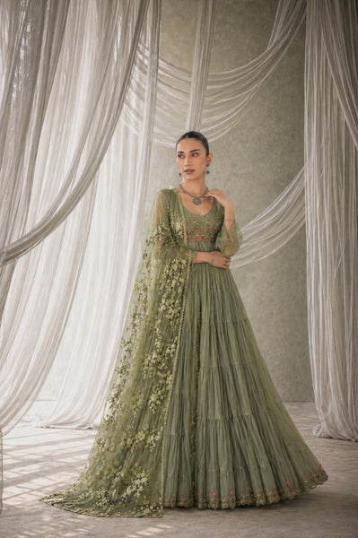 SAGE GREEN CHIFFON EMBROIDERED TIERED ANARKALI SET (KK-44A/SK-32)