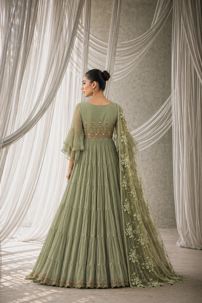 SAGE GREEN CHIFFON EMBROIDERED TIERED ANARKALI SET (KK-44A/SK-32)