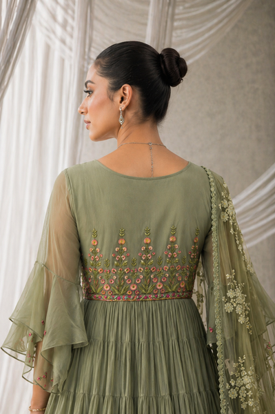 SAGE GREEN CHIFFON EMBROIDERED TIERED ANARKALI SET (KK-44A/SK-32)