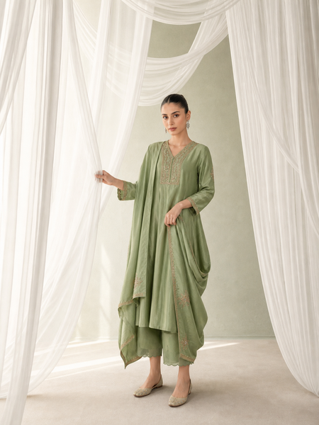 GREEN EMBROIDERED SUIT WITH ELABORATE PALAZZO AND DUPATTA. (3PCS )