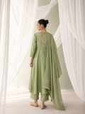 GREEN EMBROIDERED SUIT WITH ELABORATE PALAZZO AND DUPATTA. (3PCS )