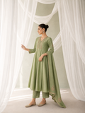 GREEN EMBROIDERED SUIT WITH ELABORATE PALAZZO AND DUPATTA. (3PCS )