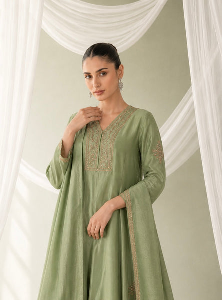 GREEN EMBROIDERED SUIT WITH ELABORATE PALAZZO AND DUPATTA. (3PCS )
