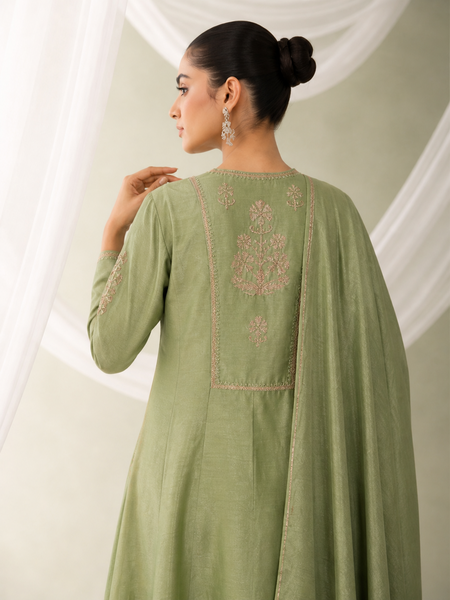 GREEN EMBROIDERED SUIT WITH ELABORATE PALAZZO AND DUPATTA. (3PCS )